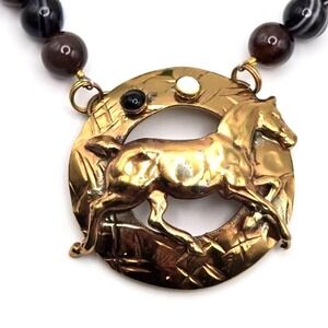 Elaine Coyne Signed Equestrian Necklace Brass Pendant on Black Sardonyx Beads